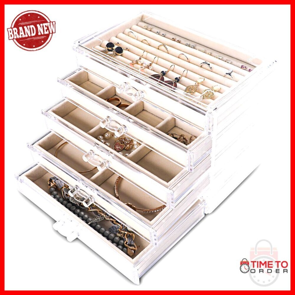 Extra Large Acrylic Jewelry Box 5 Layers Velvet Organizer Display Case
